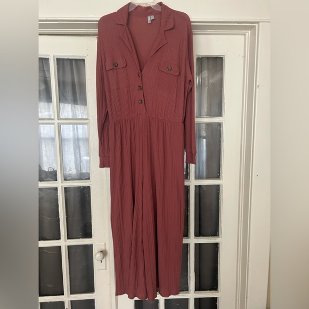 ASOS Ribbed Wide Leg Jumpsuit in Dusty Rose Mauve